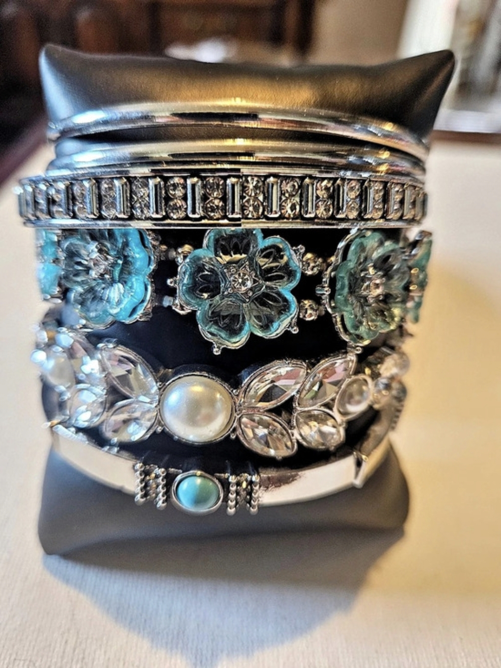 Floral Crystal Bracelet Set in Silver & Blue Like New